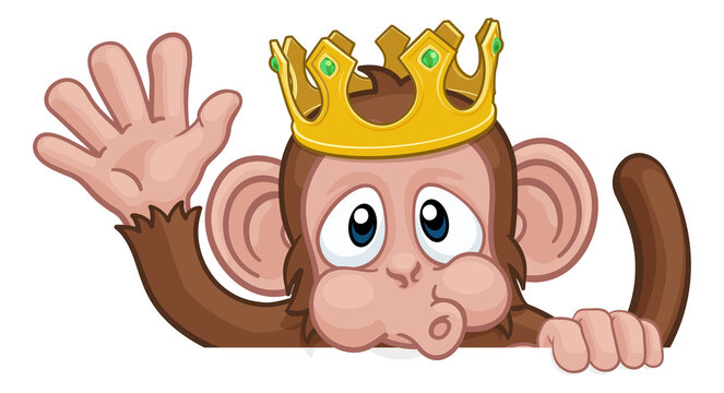 A monkey king cartoon character animal wearing a crown peeking over a sign and waving