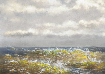 Oil paintings landscape, clouds over the sea. Fine art, masterpiece.