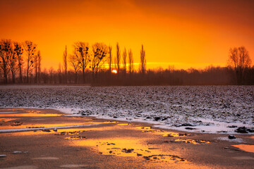 Obraz premium Winter sunrise over a snowy field in Poland