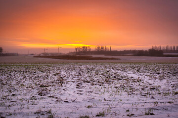 Winter sunrise over a snowy field in Poland