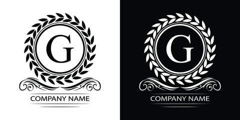 Letter   G laurel wreath template logo Luxury gold letter with crown. Monogram alphabet . Beautiful royal initials letter.