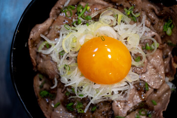 Stir fried beef topping with fresh chicken egg yolk in black bowl.