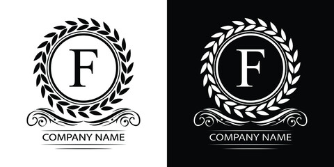 Obraz premium Letter F laurel wreath template logo Luxury gold letter with crown. Monogram alphabet . Beautiful royal initials letter.