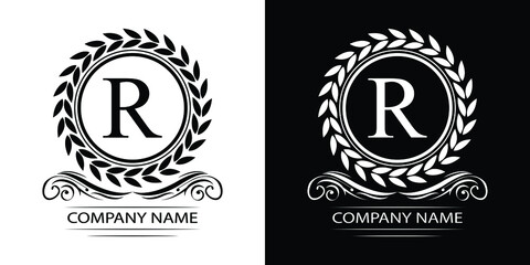 Letter   R laurel wreath template logo Luxury gold letter with crown. Monogram alphabet . Beautiful royal initials letter.