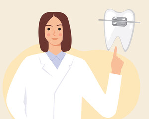 Dentist or orthodontist isolated as concept of dental treatment, braces, flat vector stock illustration with doctor and braces system