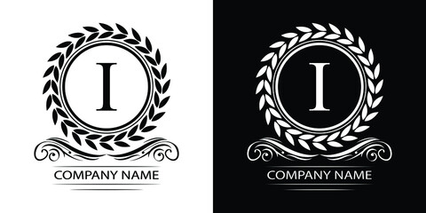 Letter   I laurel wreath template logo Luxury gold letter with crown. Monogram alphabet . Beautiful royal initials letter.