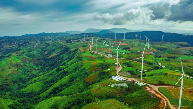 Hyper lapse 4k. Wind turbine generator electric renewable kao kho farm, Phetchabun province, Thailand.