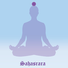 Vector illustration chakra Sahasrara. Silhouette meditating.