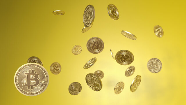 Bitcoins in the air, falling bitcoins, bitcoins on a yellow background, several bitcoins, isolated