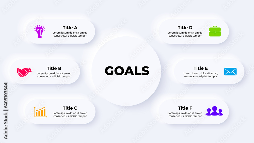 Wall mural neumorphic vector infographic. presentation slide template. circles scheme. 6 options. neumorphism u