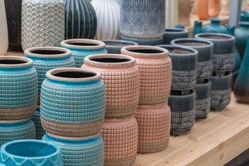 Colorful pottery and porcelain vases and flower pots