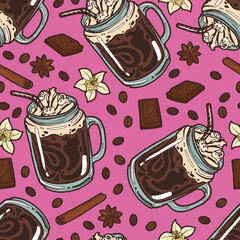 Seamless background with a pattern of hand drawn hot chocolate with whipped cream, syrup, marshmallows and drinking straw in a jar, vanilla flower, chocolate, coffee beans, cinnamon, anise