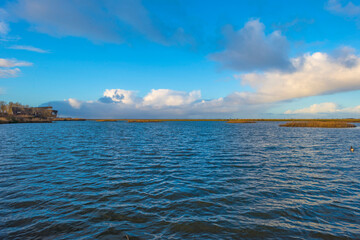 Shore of a blue lake in wetland under a bright blue rainy sky, Almere, Flevoland, The Netherlands, January 12, 2021