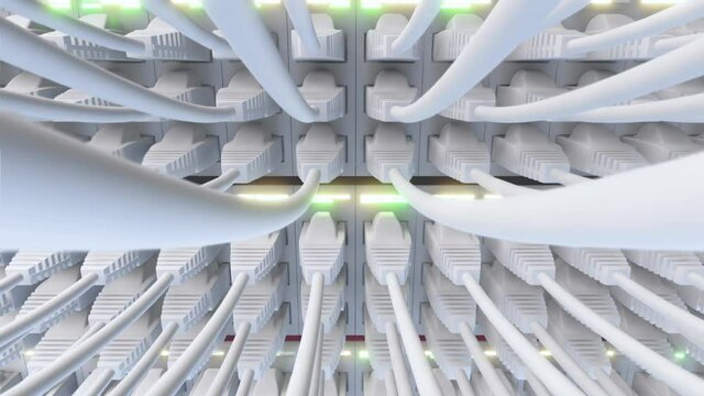 Wan switch hubs with many wires in white server room. Loop footage with network hardware routers with twinking lights in Ultra HD 4K 3840 x 2160, 30FPS.