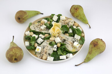 arugula pear and feta salad as vegan healthy food