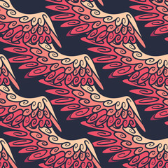 Vintage seamless psychedelic pattern with hand-drawn wings feathers. Vector doodle illustration.