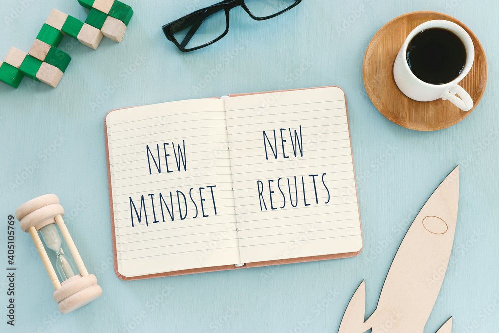 Poster top view image of table with open notebook and the text new mindset new results. success and persona