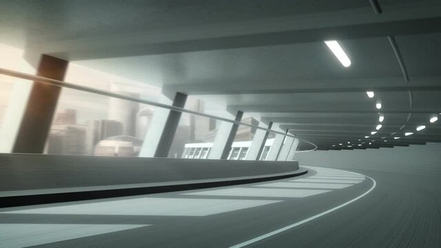 3D Rendering Highway Street Tunnel in motion with urban city in background.  Highway Tunnel with empty road for Driving scene motion background. Perspective view.