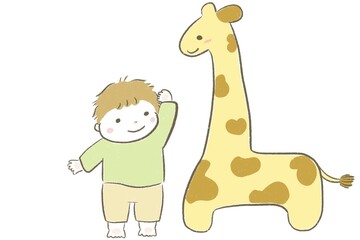 キリンと背比べする子供