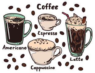 Hot coffee in the cup. Americano, espresso, cappuccino, latte with thick foam and cinnamon stick. Hand drawn isolated illustration set with the inscription on a white background