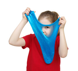 Girl stretches slime toy in hands