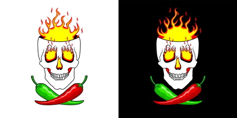 Super Hot peppers. Green red hot peppers on the background of burning skull. Vector