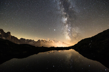 Astrophotographie avec reflet du Mont Blanc dans un lac de montagne 