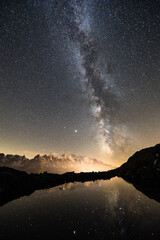 Astrophotographie avec reflet du Mont Blanc dans un lac de montagne 