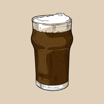 Nonic pint beer glass with dark beer. Hand drawn multicolor vector illustration.