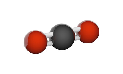Carbon dioxide (formula CO2) is a colorless, odorless gas. It is formed in the process of breathing. Chemical structure model: Ball and Stick. 3D illustration. Isolated on white background.