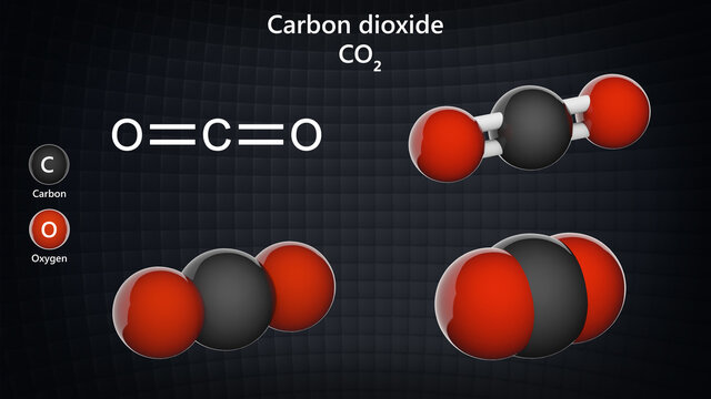 Carbon dioxide (formula CO2) is a colorless, odorless gas. It is formed in the process of breathing. Chemical structure model: Ball and Stick + Balls + Space-Filling. 3D illustration.