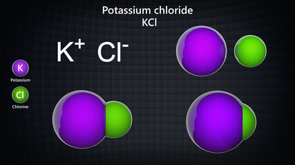 Potassium chloride (formula: KCl or ClK) is a metal salt composed of potassium and chloride. Chemical structure model: Ball and Stick + Balls + Space-Filling. 3D illustration.