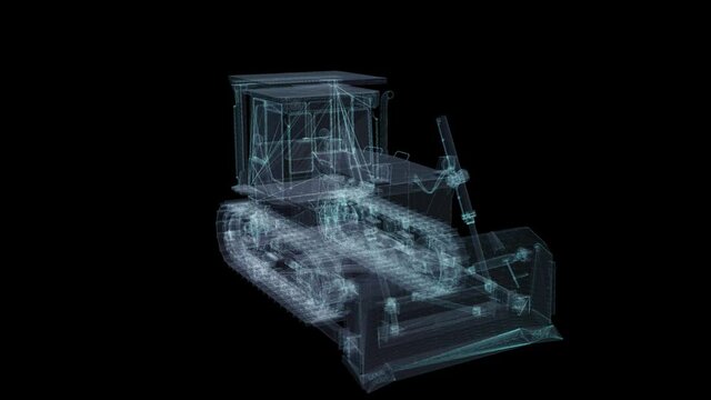 Bulldozer wire-frame hollogram polygonal line model. Tractor in motion, lines and points connected to form. Digital hologram visualization of 3d.