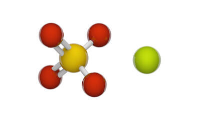 Magnesium sulfate, formula MgSO4 or MgO4S. It is often encountered as the sulfate mineral epsomite, commonly called Epsom salt. Chemical structure model: Ball and Stick. 3D illustration.