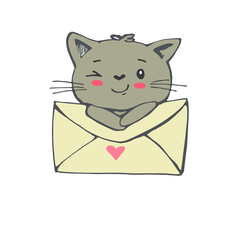 Valentine's card with cute cat and envelope