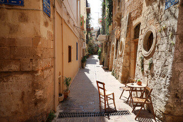 Fototapeta na wymiar A quiet and colorful street of Chania in Crete, Greece