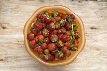 Ripe strawberries in the garden and on the table