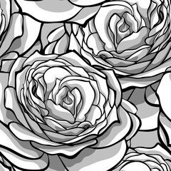 Beautiful monochrome, black and white seamless background with roses.