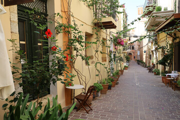 Fototapeta na wymiar A quiet and colorful street of Chania in Crete, Greece