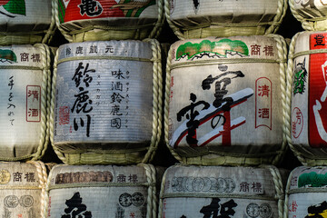 Big sake barrels places as offerings in a temple in Tokyo, Japan