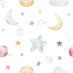 Obraz na płótnie Canvas childrens pattern, watercolor illustration with elements of nature and weather, clouds, moon, space elements