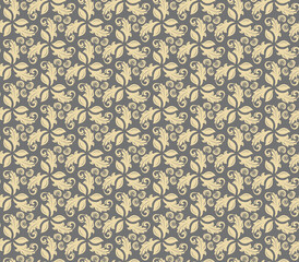Floral golden ornament. Seamless abstract classic background with flowers. Pattern with repeating floral elements. Ornament for fabric, wallpaper and packaging