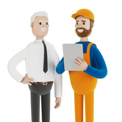 The builder and the customer are discussing the work plan. Acceptance of apartments. 3D illustration in cartoon style.