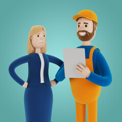The builder with the customer are discussing the work plan. Acceptance of apartments. 3D illustration in cartoon style.
