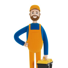 Master for an hour with a toolbox. Builder. 3D illustration in cartoon style.