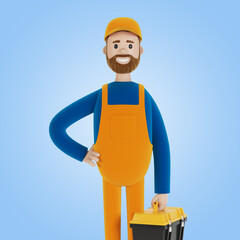 Master for an hour with a toolbox. Builder. 3D illustration in cartoon style.