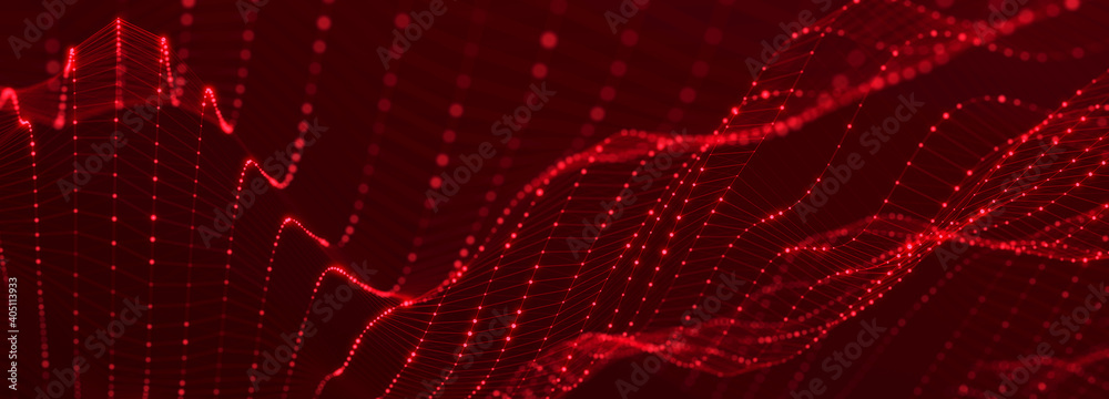 Aufkleber Futuristic wave on dark background. Colored pattern of connection dots and lines. Technology or Science Banner. 3D