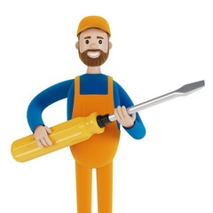 Master for an hour with a big screwdriver. Builder. 3D illustration in cartoon style.
