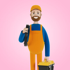 Master for an hour with a toolbox. Builder. 3D illustration in cartoon style.
