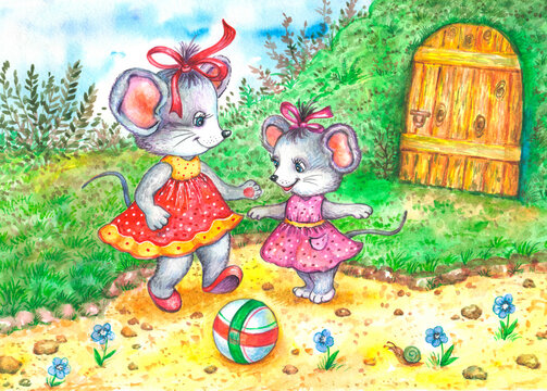 Watercolor cute illustration. Mice play ball outside in summer.